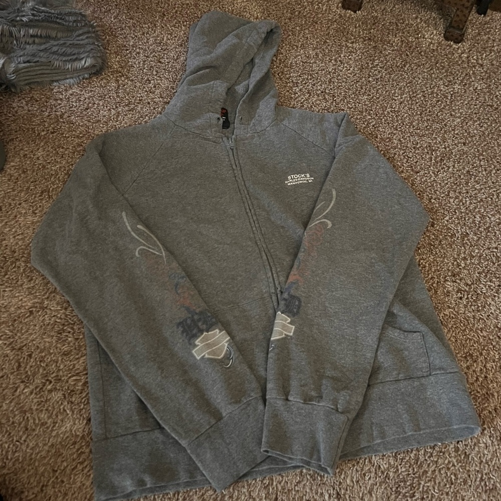 Harley Davidson Grey zip up sweatshirt size Large with cute design on back